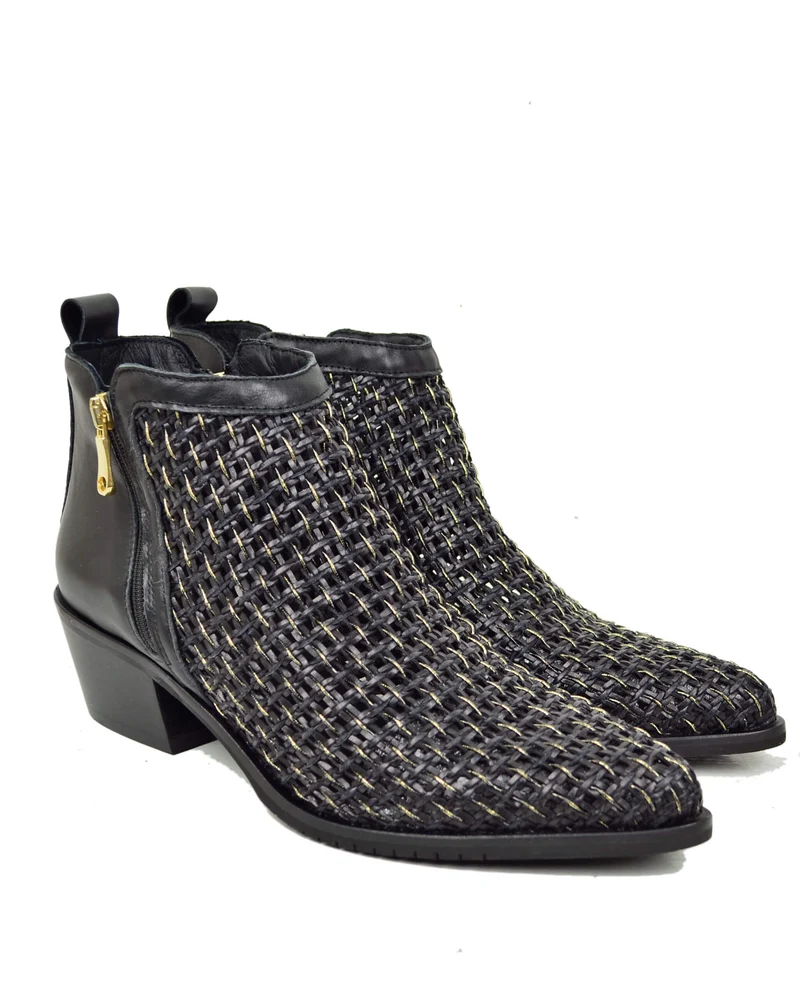 Stivaletti Bassi Intrecciati Estivi Tacco 5 cm Doppia Zip Laterale Pianta Larga Neri