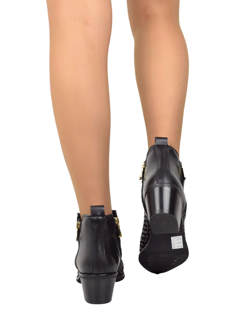 Stivaletti Bassi Intrecciati Estivi Tacco 5 cm Doppia Zip Laterale Pianta Larga Neri