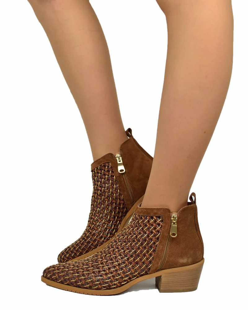 Stivaletti Bassi Intrecciati Estivi Tacco 5 cm Doppia Zip Laterale Pianta Larga