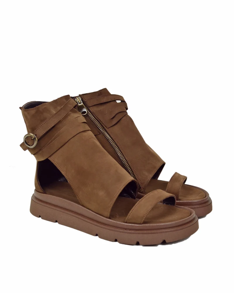 Sandali Platform a Stivaletto con Piede Spuntato Nabuk Cacao Zip Laterale