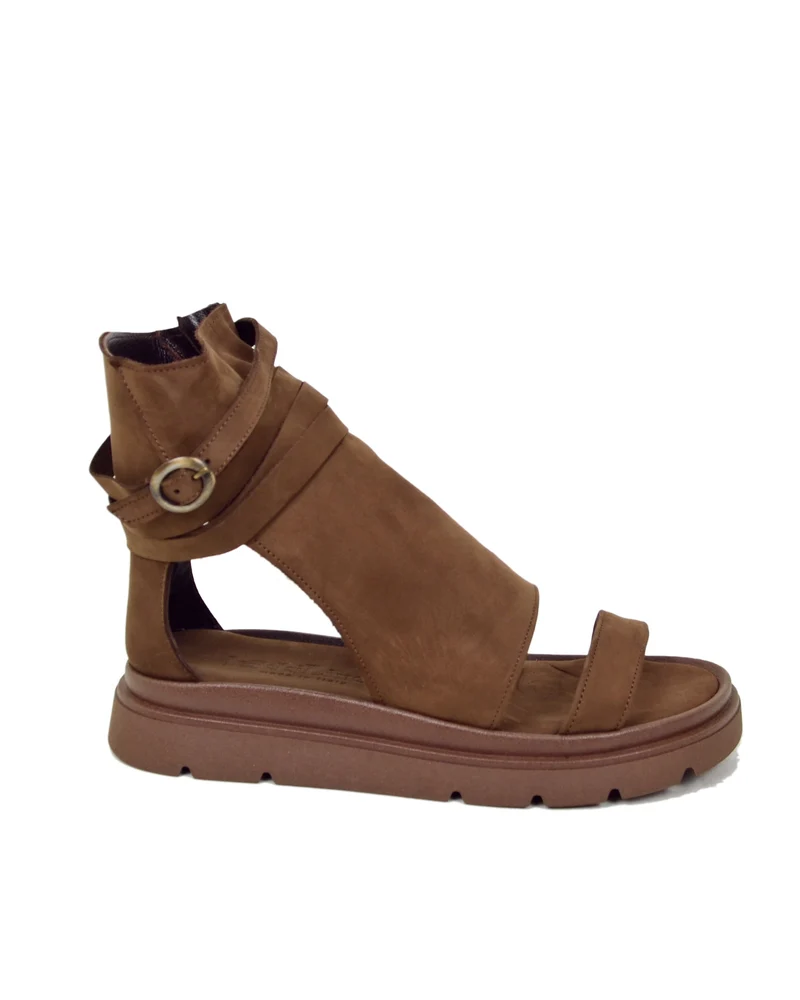 Sandali Platform a Stivaletto con Piede Spuntato Nabuk Cacao Zip Laterale