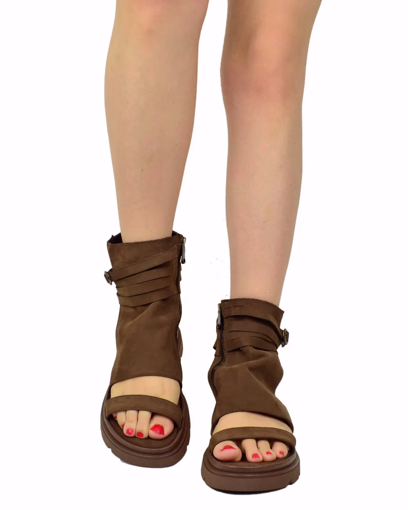 Sandali Platform a Stivaletto con Piede Spuntato Nabuk Cacao Zip Laterale