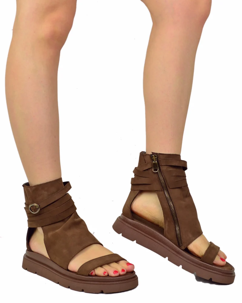 Sandali Platform a Stivaletto con Piede Spuntato Nabuk Cacao Zip Laterale