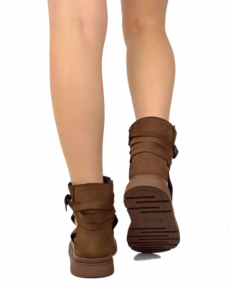 Sandali Platform a Stivaletto con Piede Spuntato Nabuk Cacao Zip Laterale