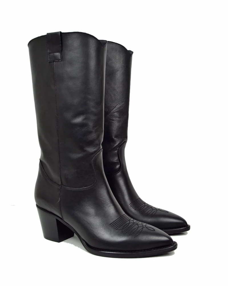 Stivali Texani Total Black in Stile Vintage Sixties Pelle Nera Tacco 7 cm