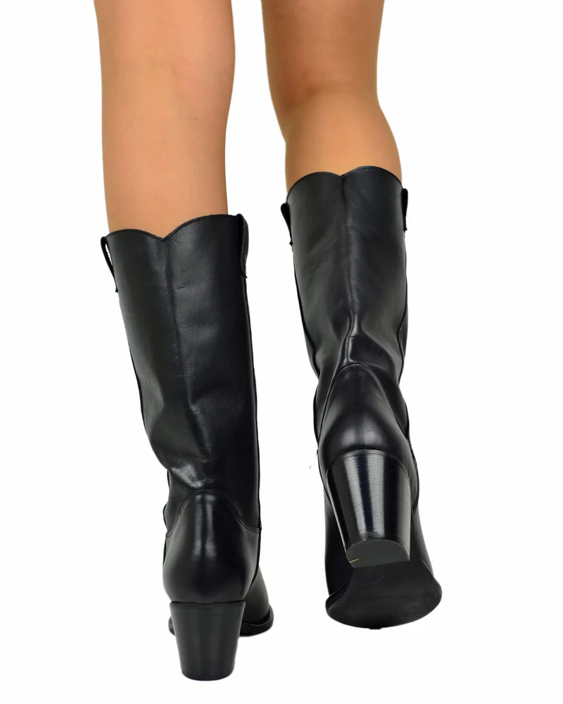 Stivali Texani Total Black in Stile Vintage Sixties Pelle Nera Tacco 7 cm
