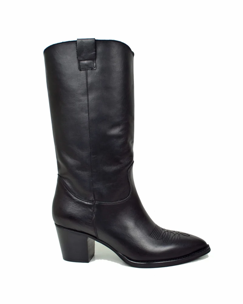Stivali Texani Total Black in Stile Vintage Sixties Pelle Nera Tacco 7 cm