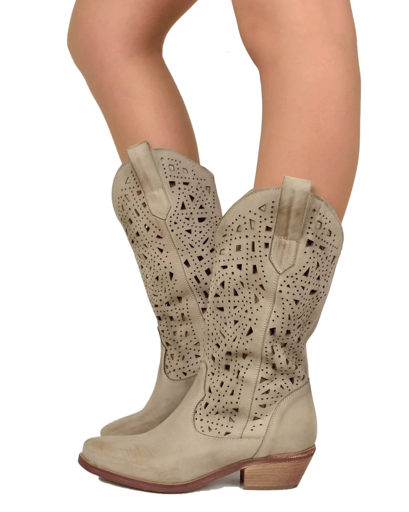 Texani Traforati Estivi Tacco Basso 4 Cm Vera Pelle Sfumata Taupe