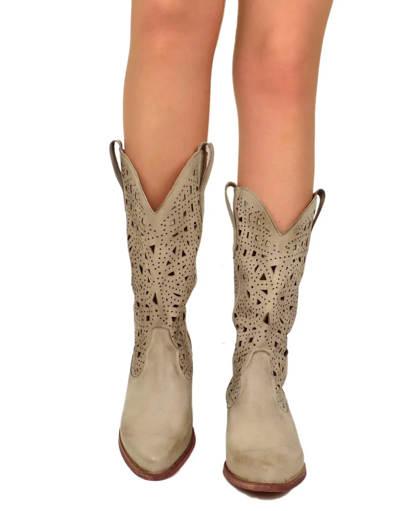 Texani Traforati Estivi Tacco Basso 4 Cm Vera Pelle Sfumata Taupe