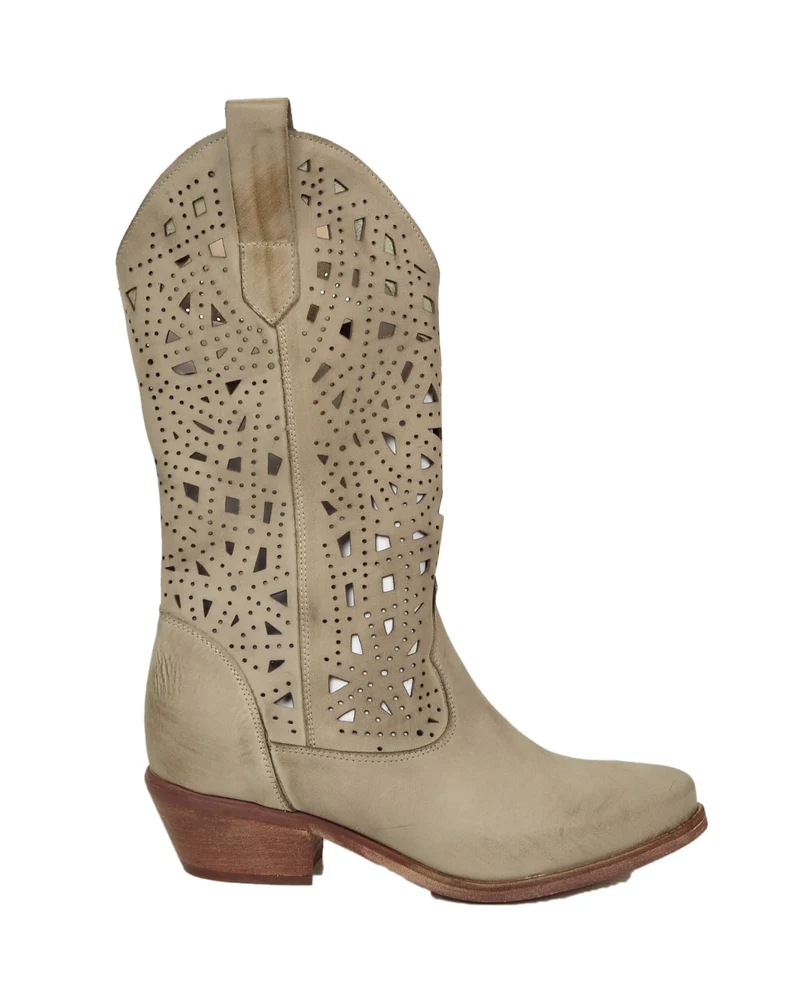 Texani Traforati Estivi Tacco Basso 4 Cm Vera Pelle Sfumata Taupe