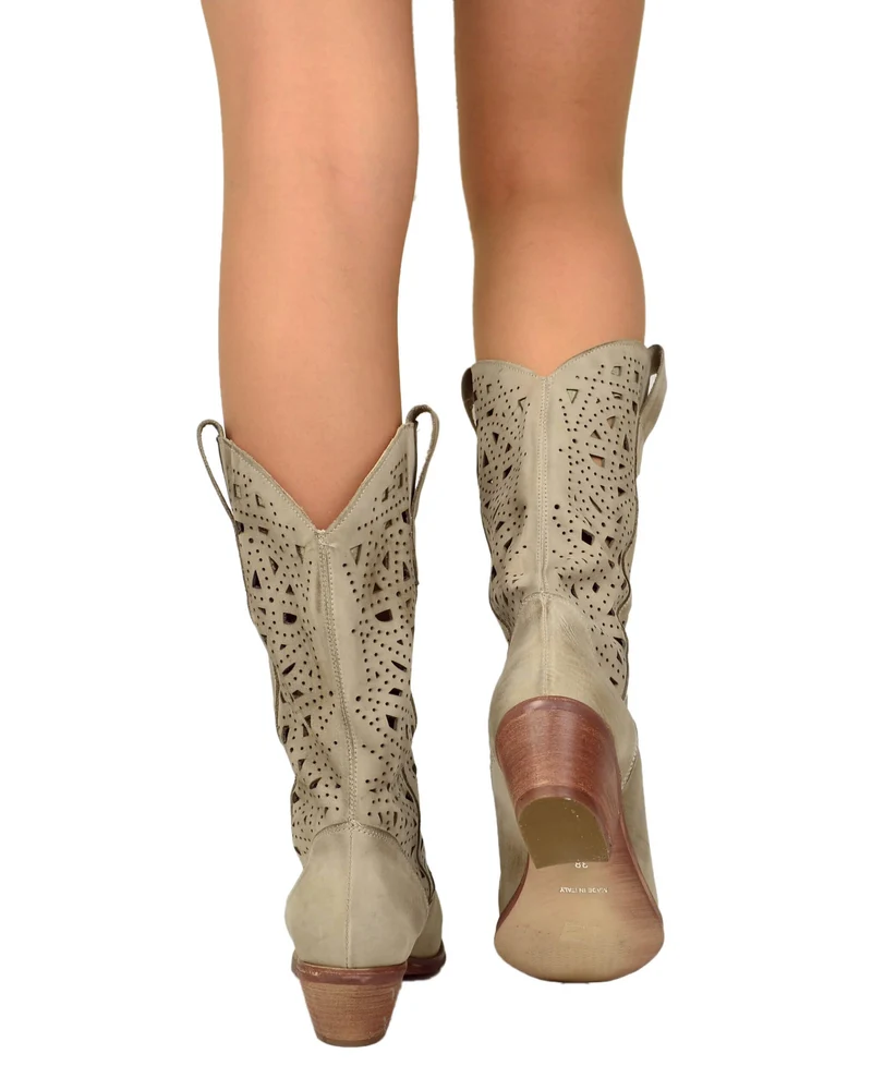 Texani Traforati Estivi Tacco Basso 4 Cm Vera Pelle Sfumata Taupe