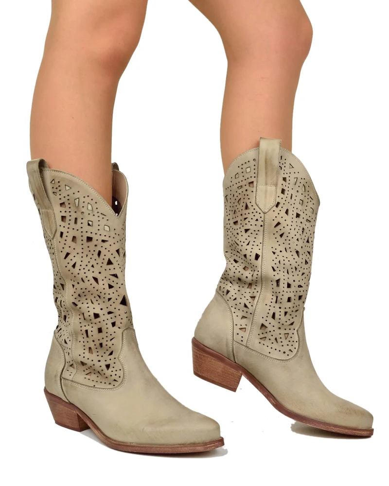 Texani Traforati Estivi Tacco Basso 4 Cm Vera Pelle Sfumata Taupe