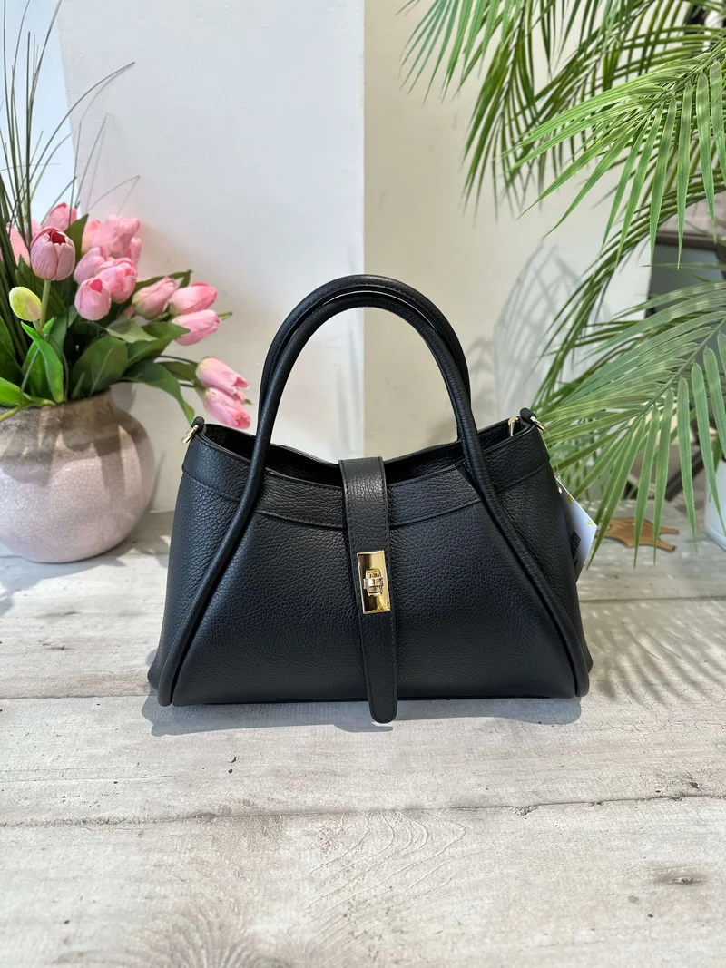 Borsa Rigida Elegante Chic Midi Vera Pelle Martellata Dettagli Dorati