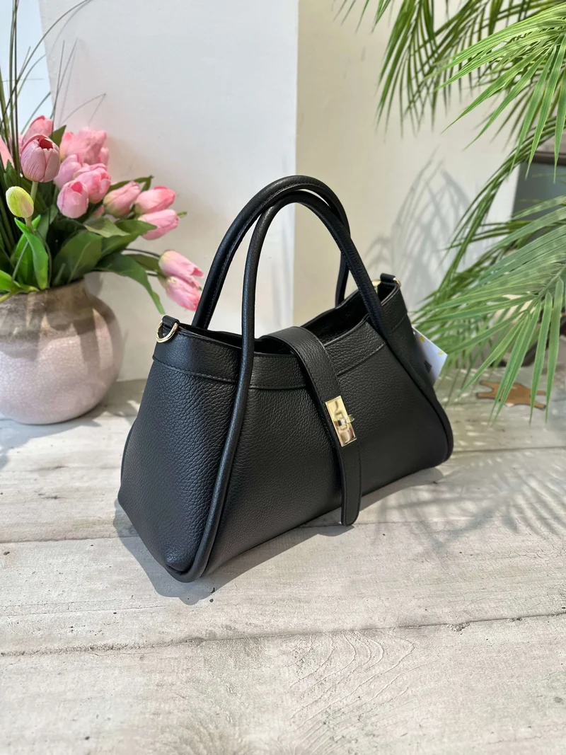 Borsa Rigida Elegante Chic Midi Vera Pelle Martellata Dettagli Dorati