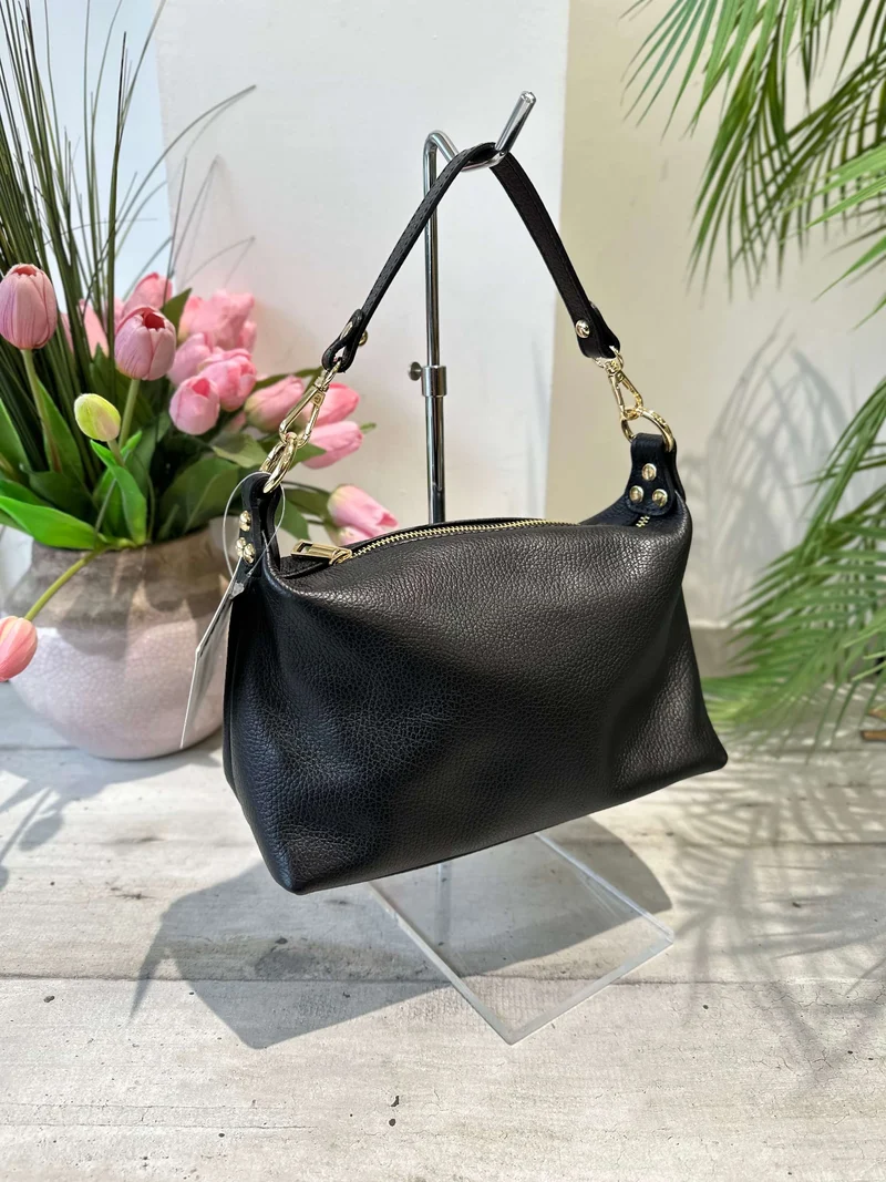 Borsa Morbida Vera Pelle Nera a Spalla e Con Tracolla Lunga a Bauletto Poppy