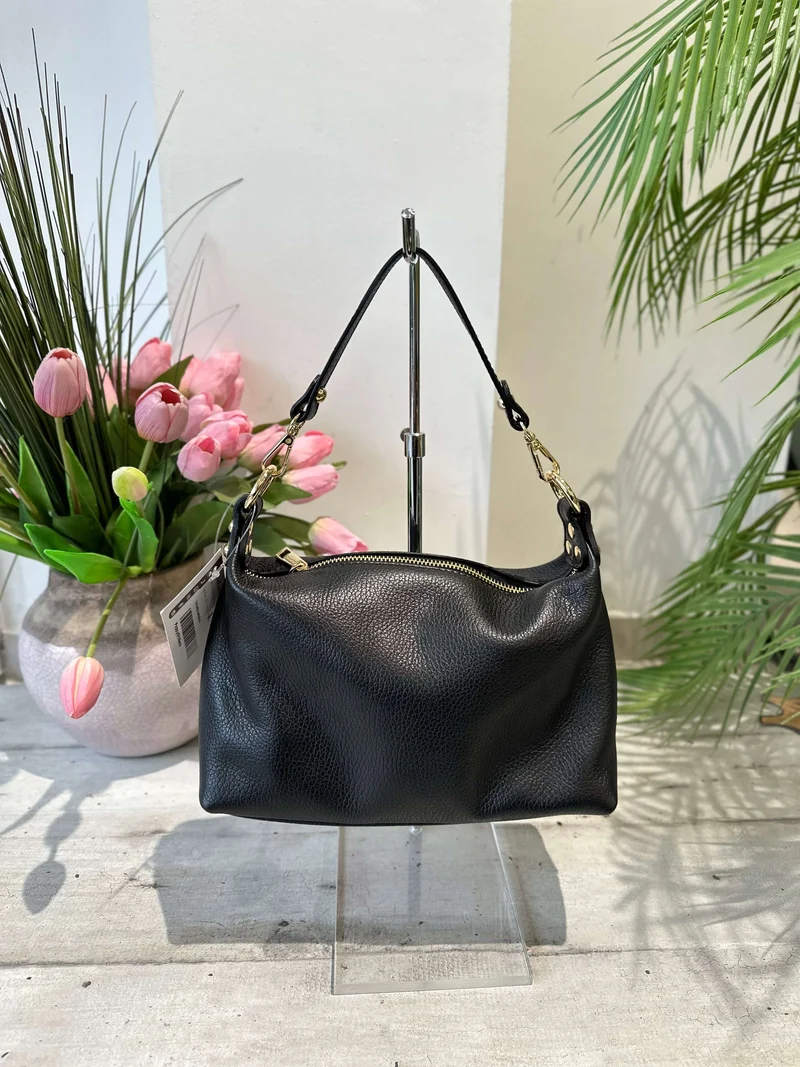 Borsa Morbida Vera Pelle Nera a Spalla e Con Tracolla Lunga a Bauletto Poppy