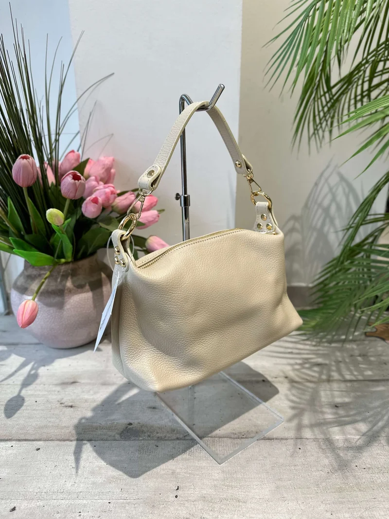 Borsa Morbida Vera Pelle Beige a Spalla e Con Tracolla Lunga a Bauletto Poppy