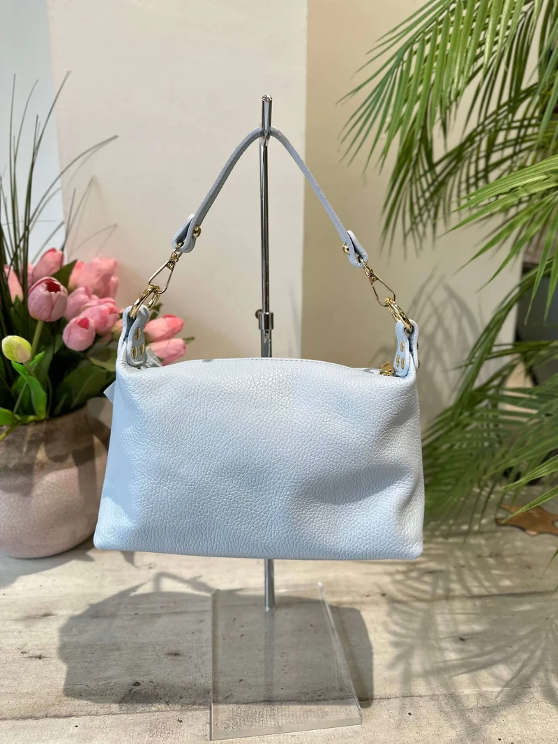 Borsa Morbida Vera Pelle Azzurra a Spalla e Con Tracolla Lunga a Bauletto Poppy