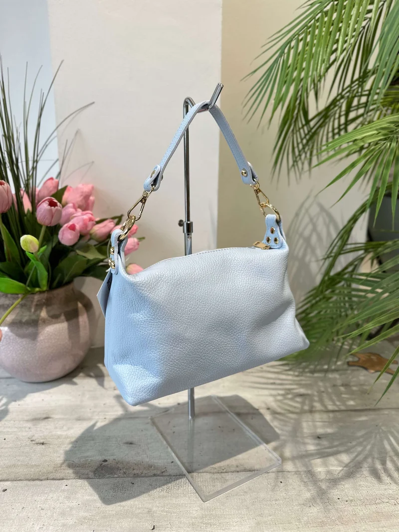 Borsa Morbida Vera Pelle Azzurra a Spalla e Con Tracolla Lunga a Bauletto Poppy
