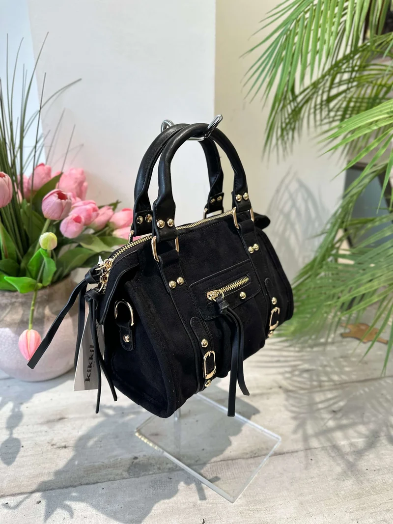 Borsa Scamosciata con Borchie Dorate Similpelle Nera Simonetta