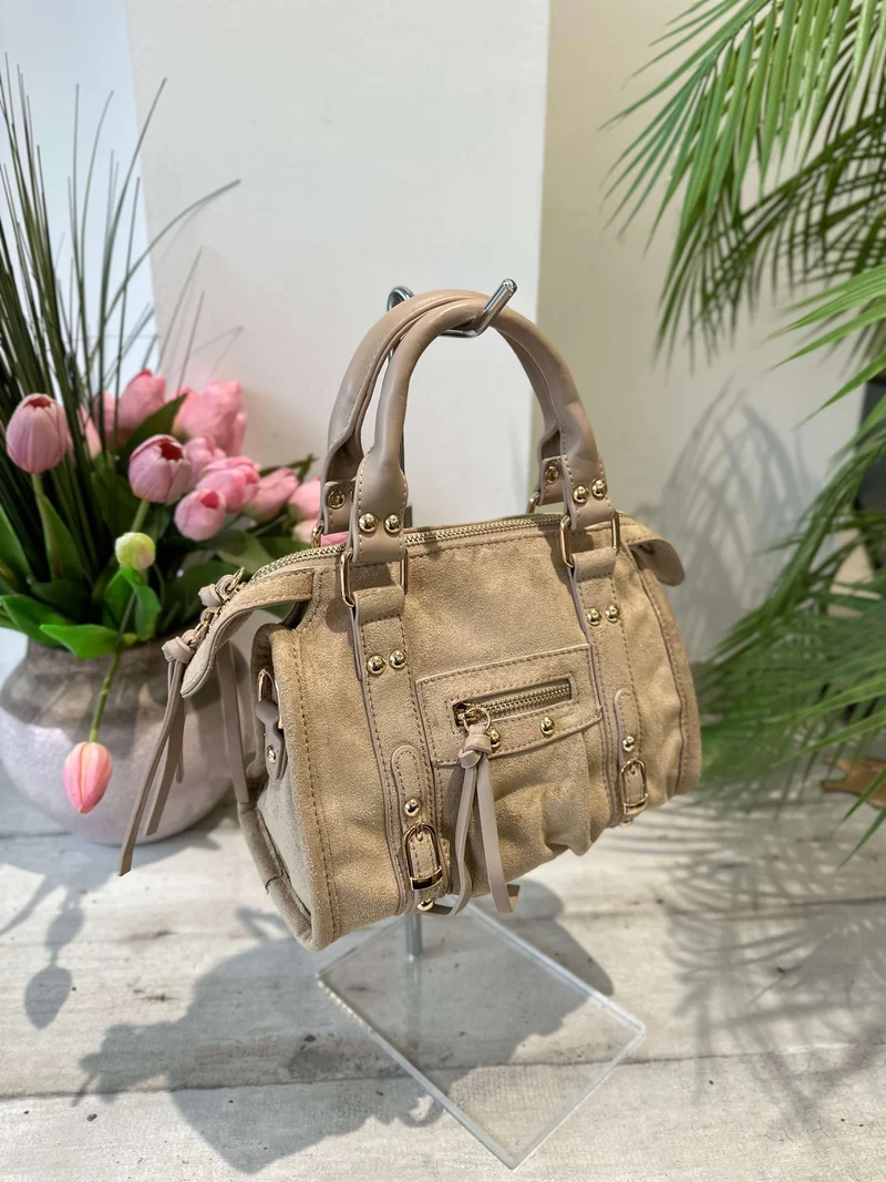 Borsa Scamosciata con Borchie Dorate Similpelle Khaki Simonetta