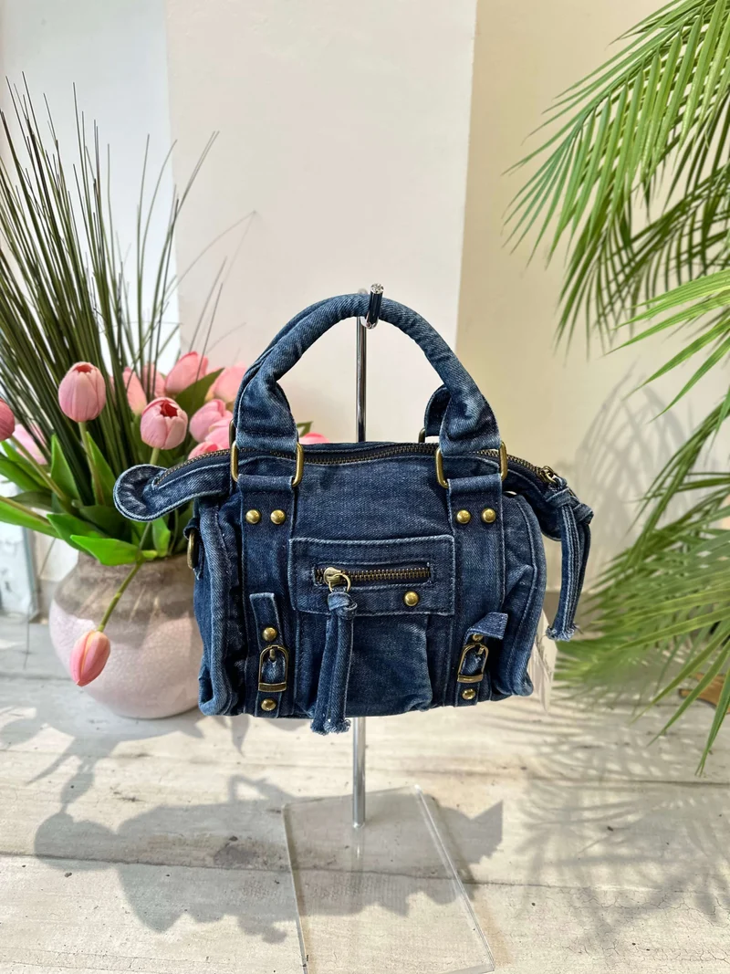 Borsa Mini in Jeans a Mano e con Tracolla all'interno e Zip DENIM Scuro