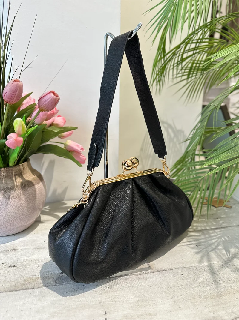 Borsa a Caramella in Similpelle Nera Tracolla a Spalla o Catena