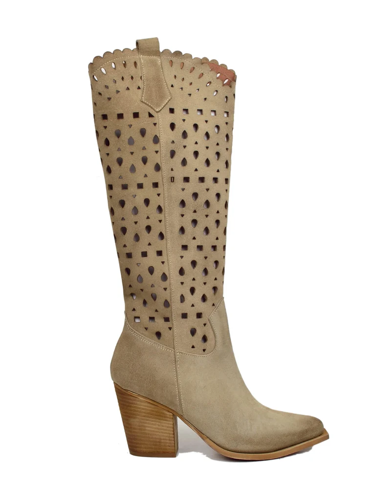 Stivali Texani Alti Eleganti Traforati in Stile Pizzo Pelle Scamosciata Mousse