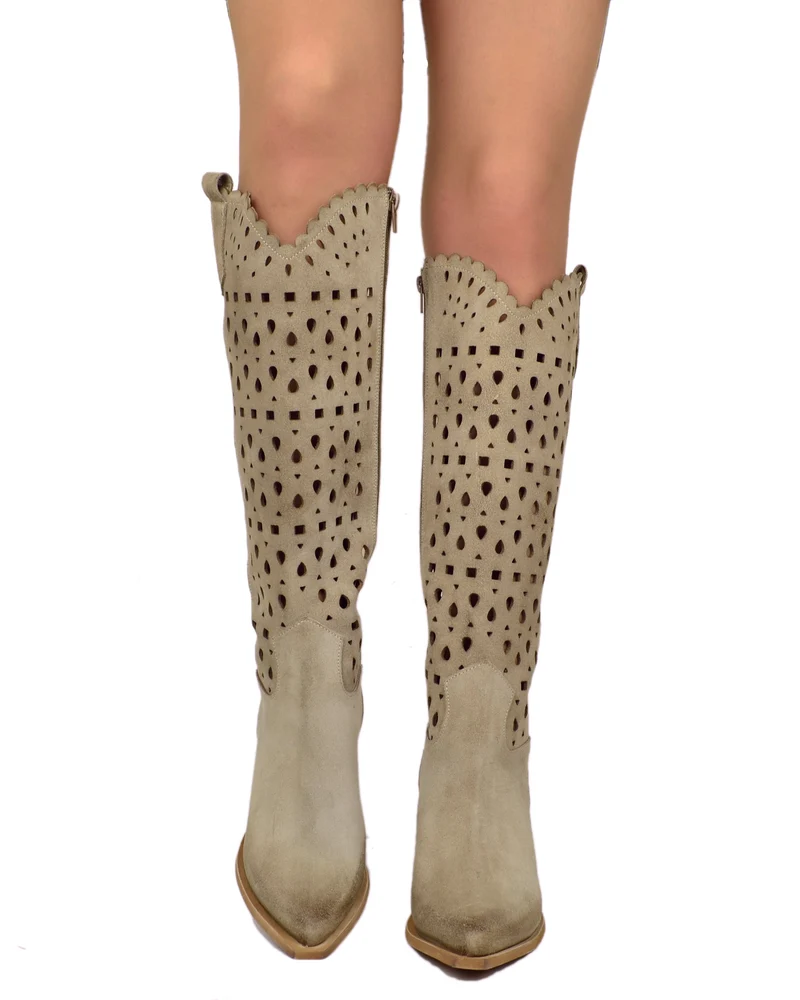 Stivali Texani Alti Eleganti Traforati in Stile Pizzo Pelle Scamosciata Mousse