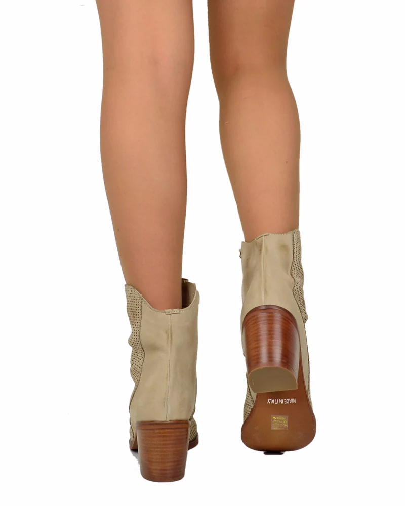 Stivaletti Morbidi Traforati Vera Pelle Nabuk Taupe Tacco 7 cm
