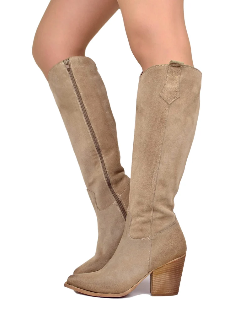 Stivali Texani Alti Eleganti con Zip Gambale Aderente Tacco 8 Cm Camoscio Mousse