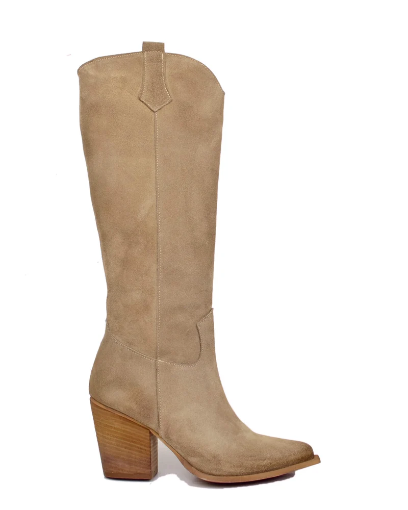 Stivali Texani Alti Eleganti con Zip Gambale Aderente Tacco 8 Cm Camoscio Mousse