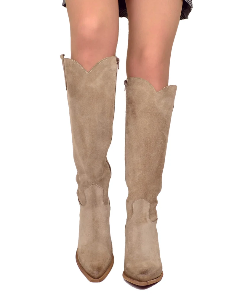 Stivali Texani Alti Eleganti con Zip Gambale Aderente Tacco 8 Cm Camoscio Mousse
