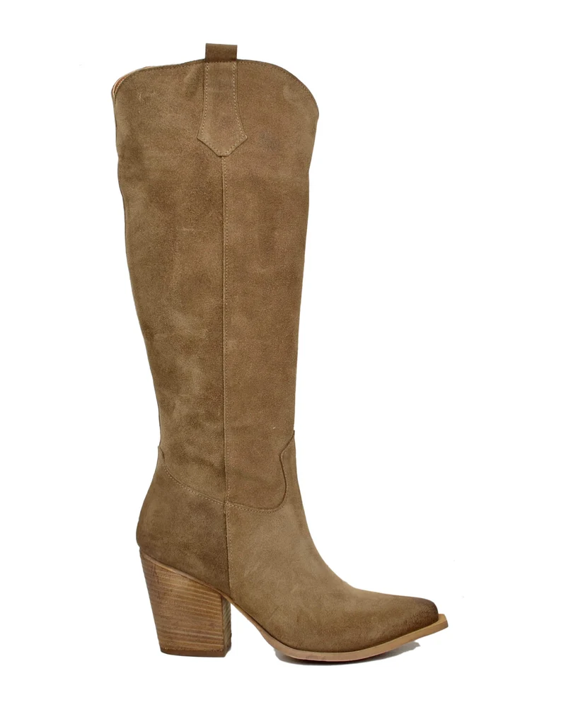 Stivali Texani Alti Eleganti con Zip Gambale Aderente Tacco 8 Cm Camoscio Sabbia