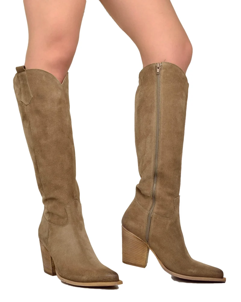 Stivali Texani Alti Eleganti con Zip Gambale Aderente Tacco 8 Cm Camoscio Sabbia