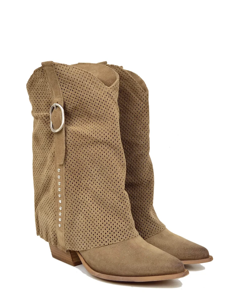 Stivali Texani con Ghetta Traforati Borchiati Argentati Pelle Scamosciata color Taupe
