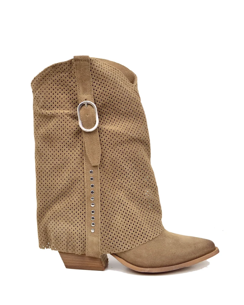 Stivali Texani con Ghetta Traforati Borchiati Argentati Pelle Scamosciata color Taupe