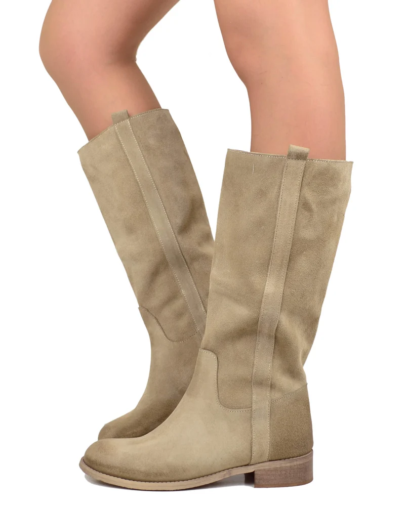 Stivali Camperos Classici Donna Beige in Pelle Scamosciata Sfumata