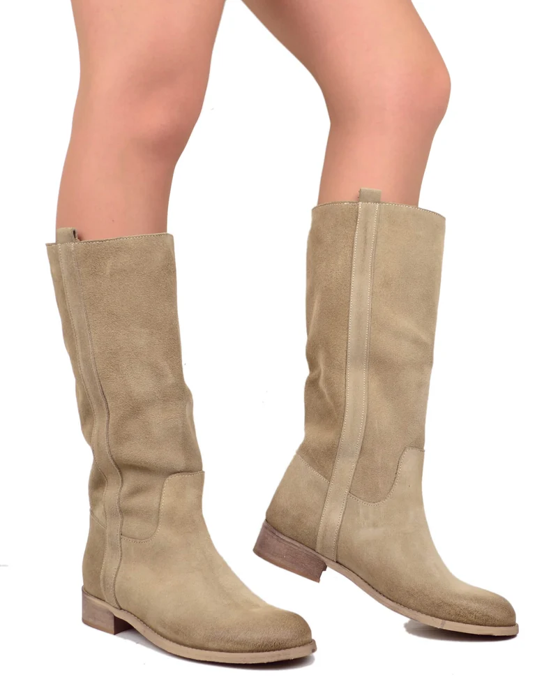 Stivali Camperos Classici Donna Beige in Pelle Scamosciata Sfumata