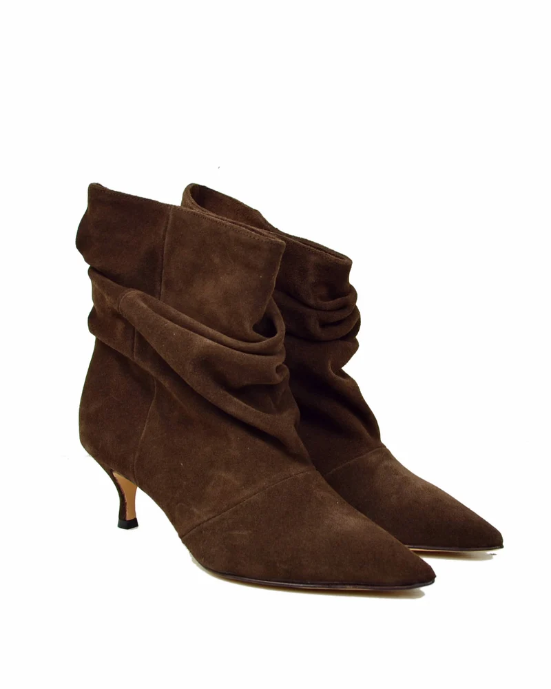 Stivaletti Slouchy Kitten Heels Tacco a Rocchetto Eleganti Pelle Scamosciata Cioccolato