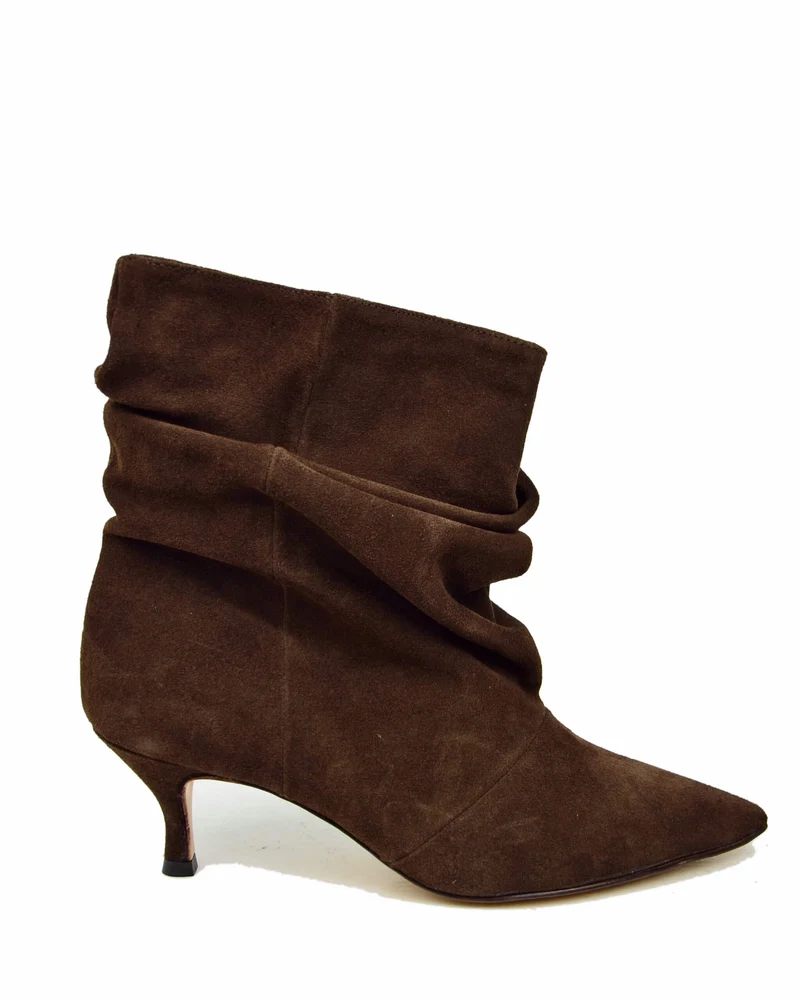 Stivaletti Slouchy Kitten Heels Tacco a Rocchetto Eleganti Pelle Scamosciata Cioccolato