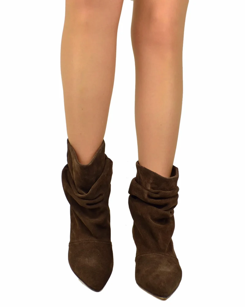 Stivaletti Slouchy Kitten Heels Tacco a Rocchetto Eleganti Pelle Scamosciata Cioccolato