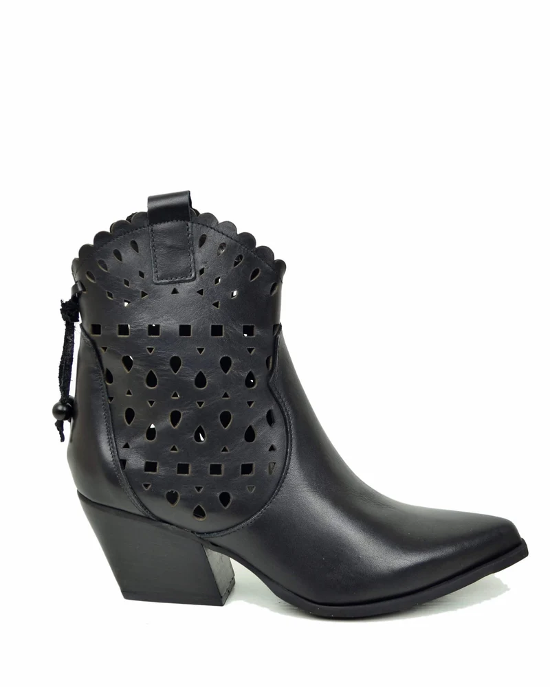 Stivaletti Texani Estivi Traforati alla Caviglia Tacco 7 cm Pelle Nera Made in Italy