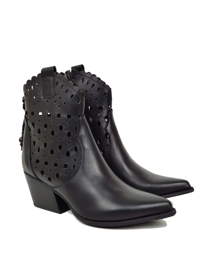Stivaletti Texani Estivi Traforati alla Caviglia Tacco 7 cm Pelle Nera Made in Italy