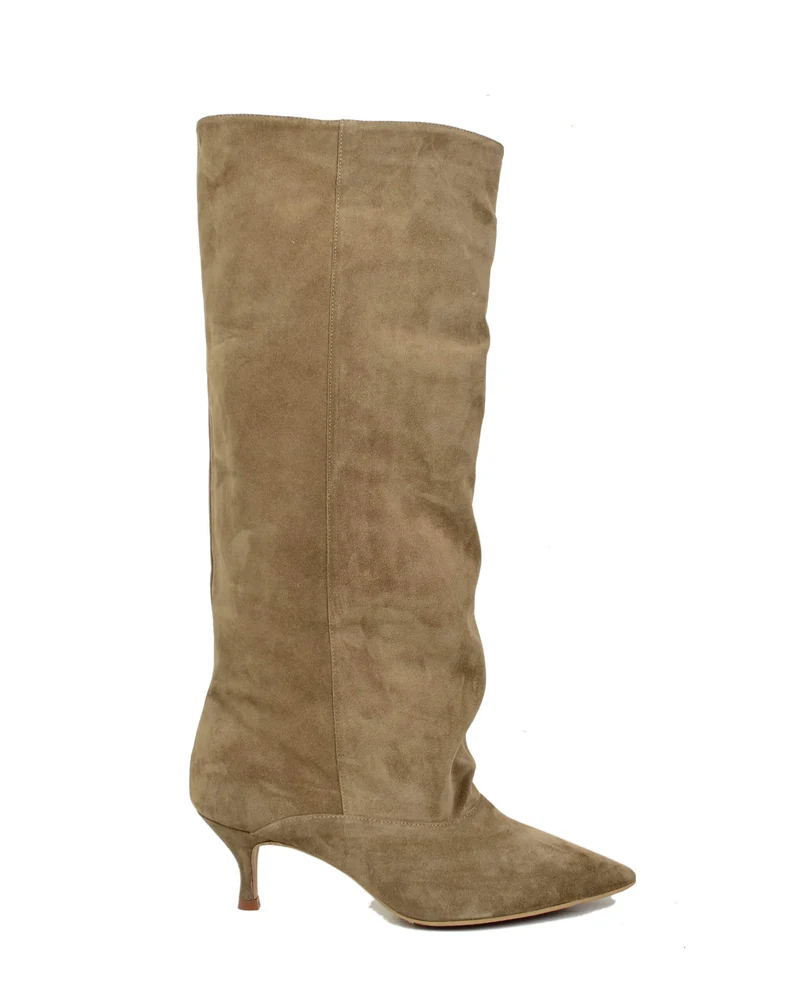 Stivali Eleganti a punta pelle Scamosciata Taupe con Tacco Kitten Made in Italy
