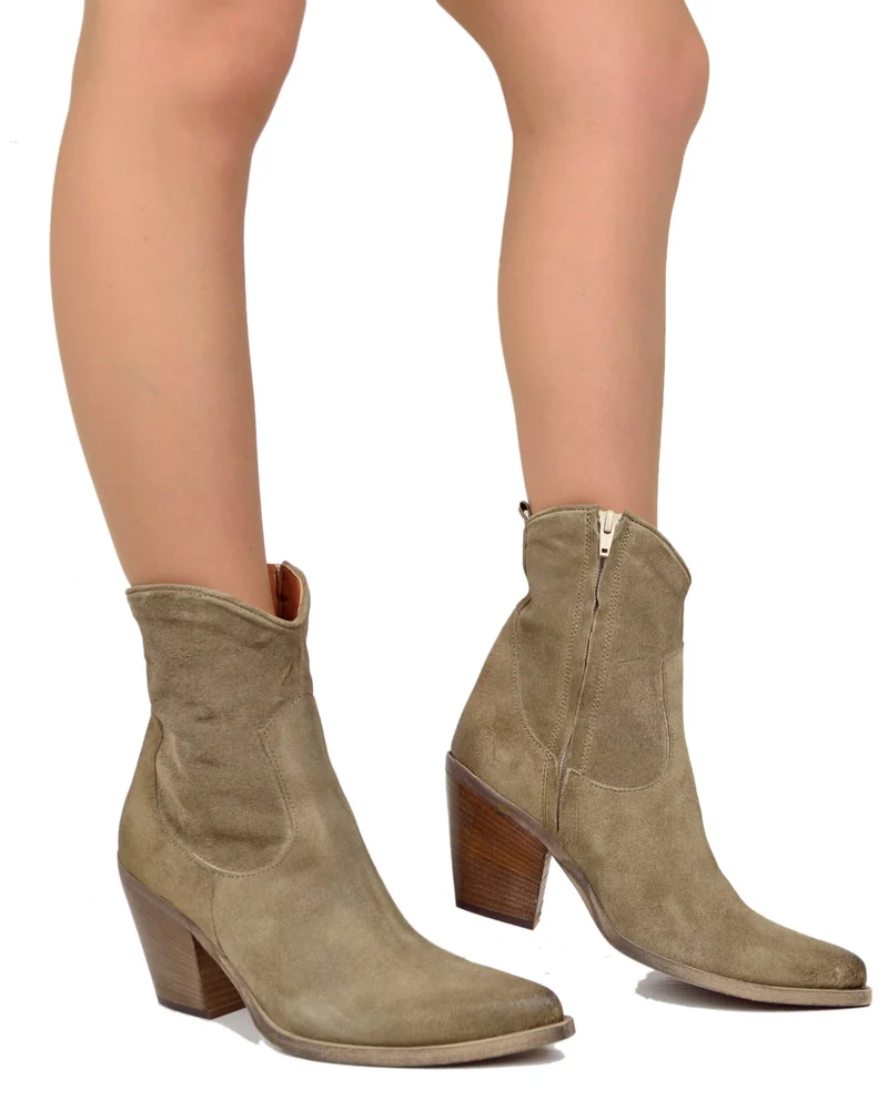 Stivaletti Estivi alla Caviglia Tacco 9 cm Leggeri Pelle Scamosciata Taupe
