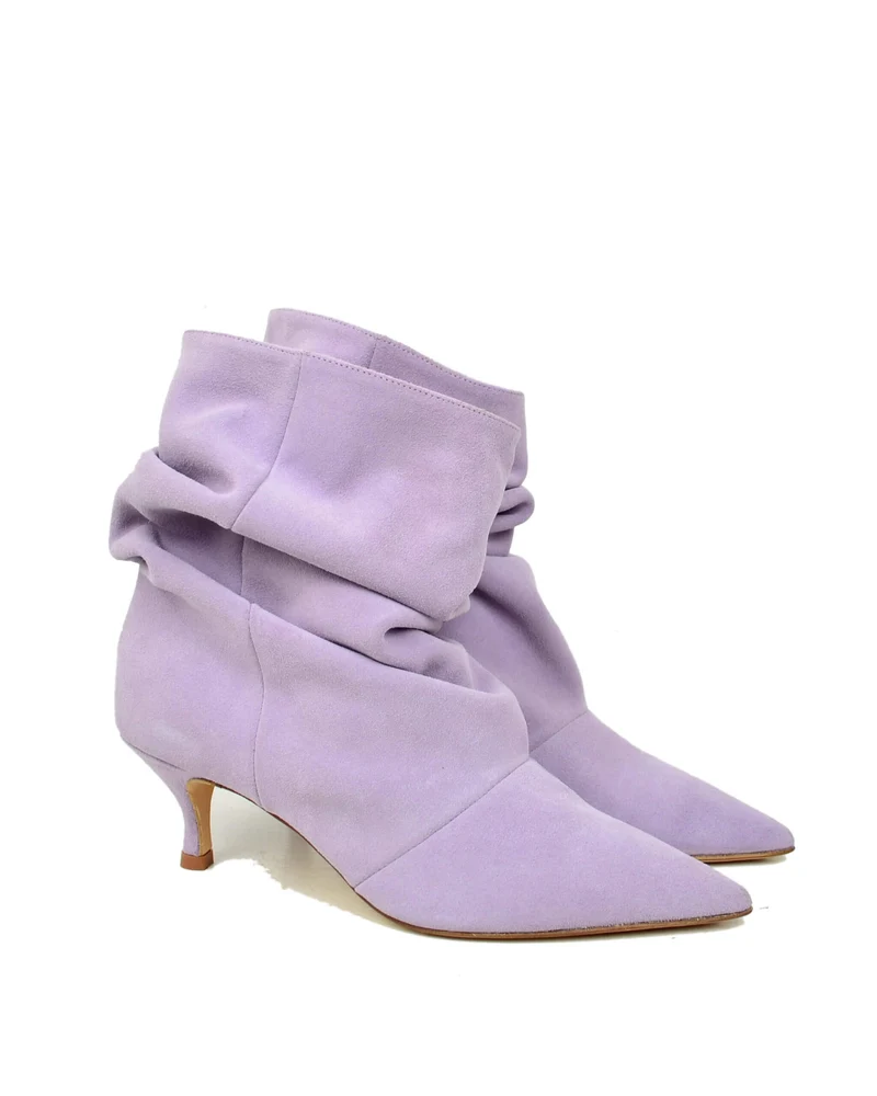 Stivaletti Slouchy Kitten Heels Tacco a Rocchetto Eleganti Pelle Scamosciata Lilla
