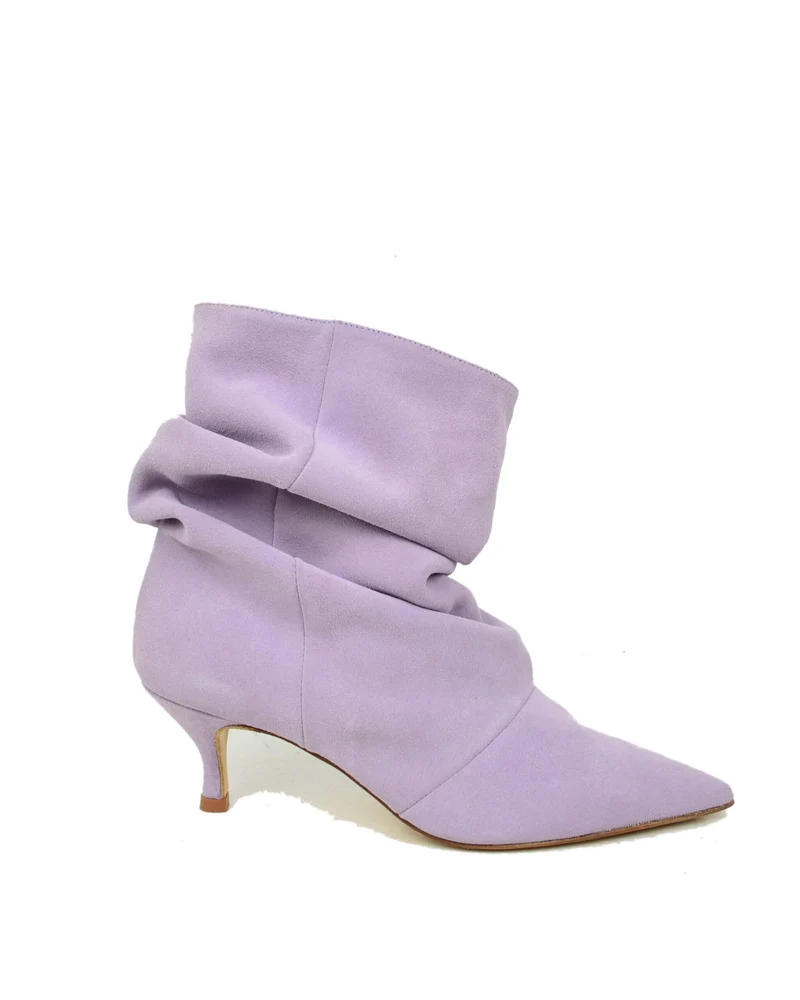 Stivaletti Slouchy Kitten Heels Tacco a Rocchetto Eleganti Pelle Scamosciata Lilla
