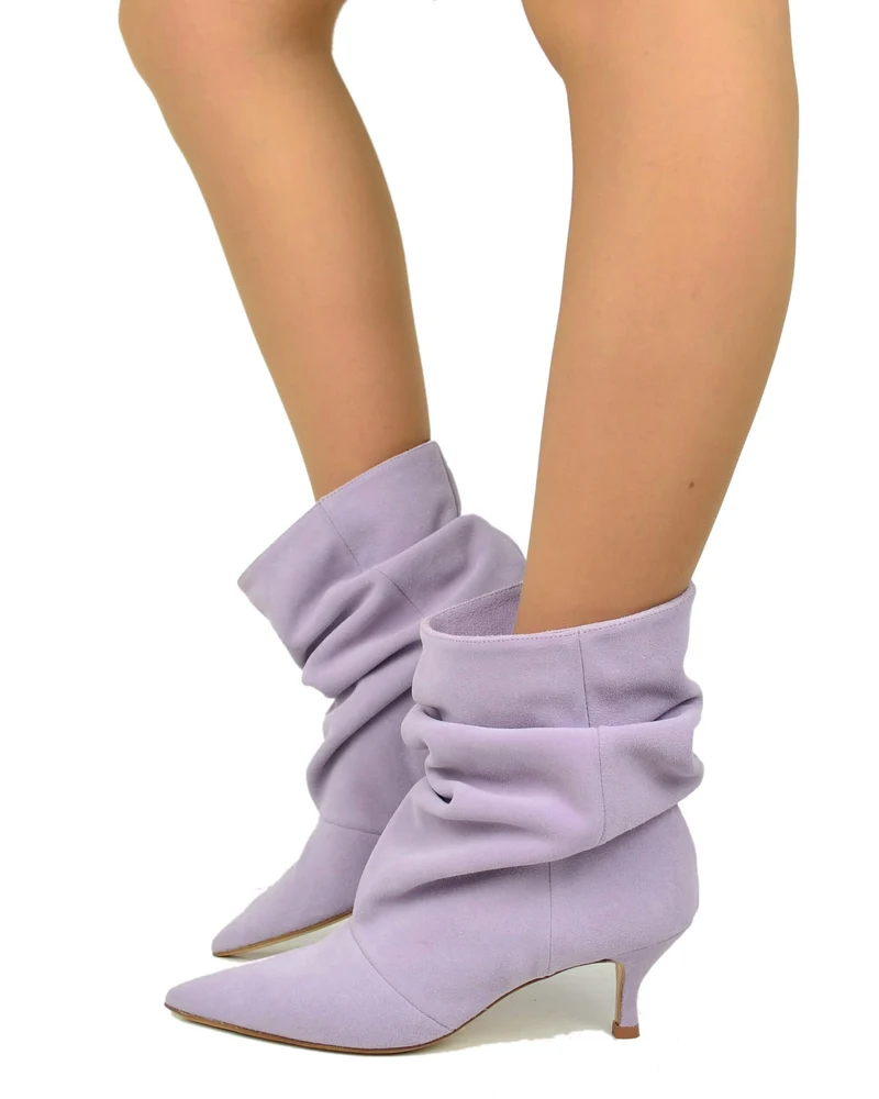 Stivaletti Slouchy Kitten Heels Tacco a Rocchetto Eleganti Pelle Scamosciata Lilla