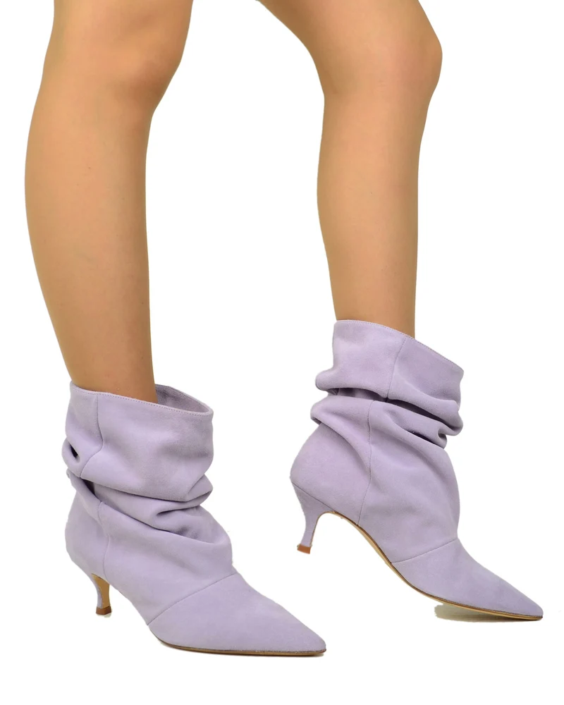 Stivaletti Slouchy Kitten Heels Tacco a Rocchetto Eleganti Pelle Scamosciata Lilla
